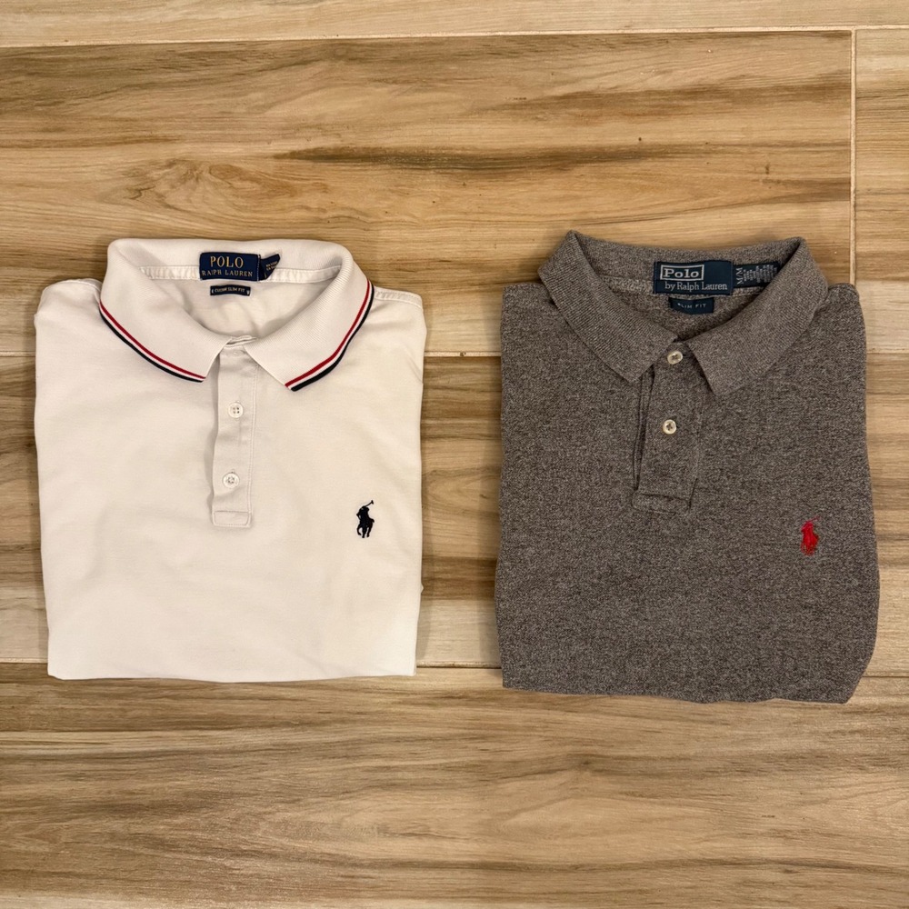 Lot of 2 Polo Ralph Lauren Mens Slim Fit Polo Shirts White Grey Size Medium